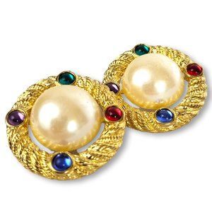 90's Earrings Pearlized Cabochons Gold Tone jewel Accents